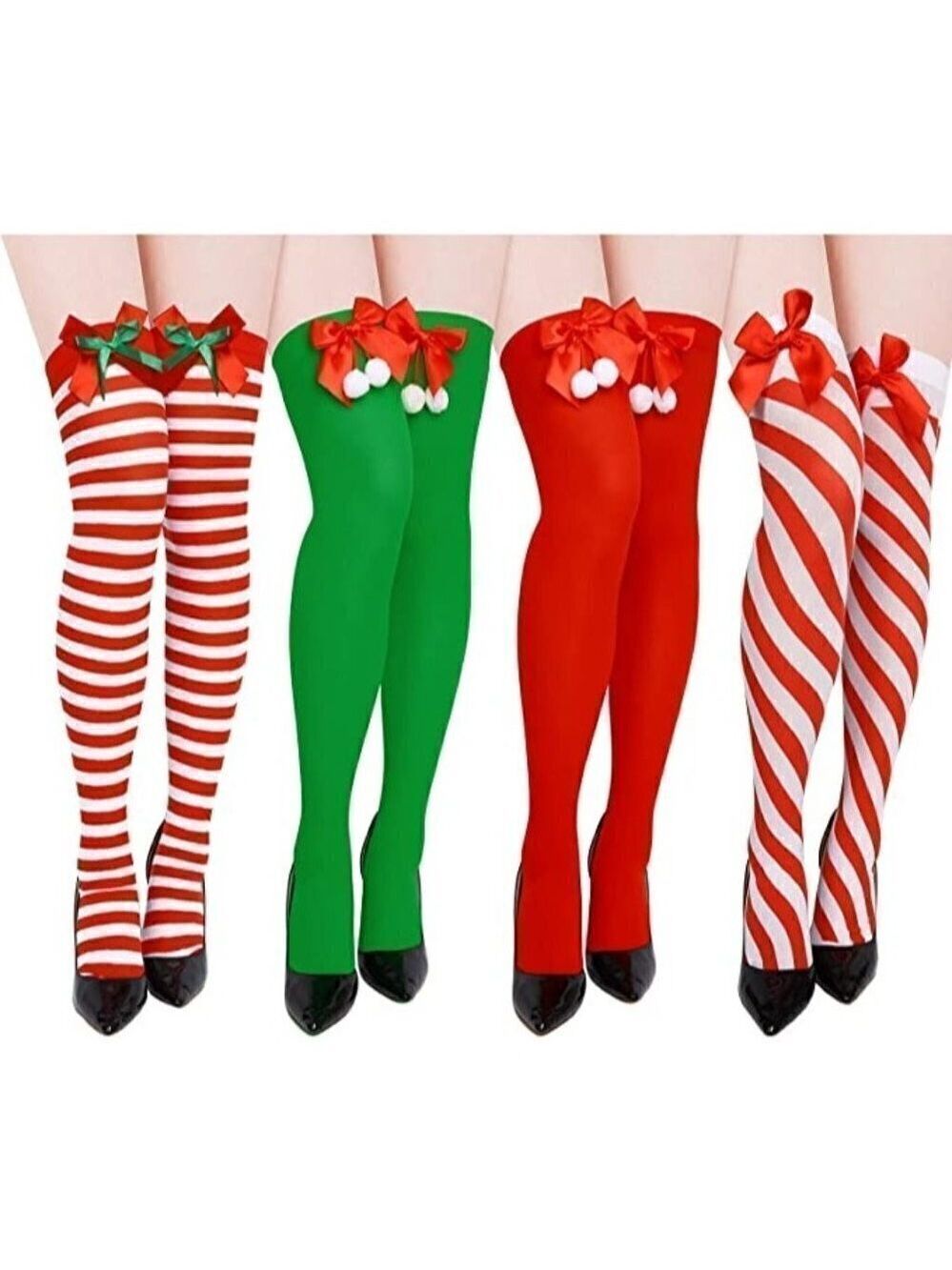 CHRISTMAS Thigh high Socks Red White Stripe Cosplay Stockings with Bow Sexy NWT
